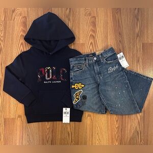 Polo Ralph Lauren Boy’s Pullover Patchwork Logo Hoodie and Jeans, Size 5